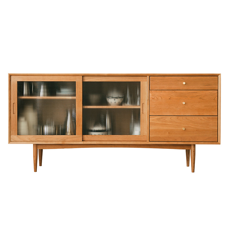 3-Drawer Pine Wood Credenza Modern Glass Sliding Door Cabinets Sideboard for Living Room