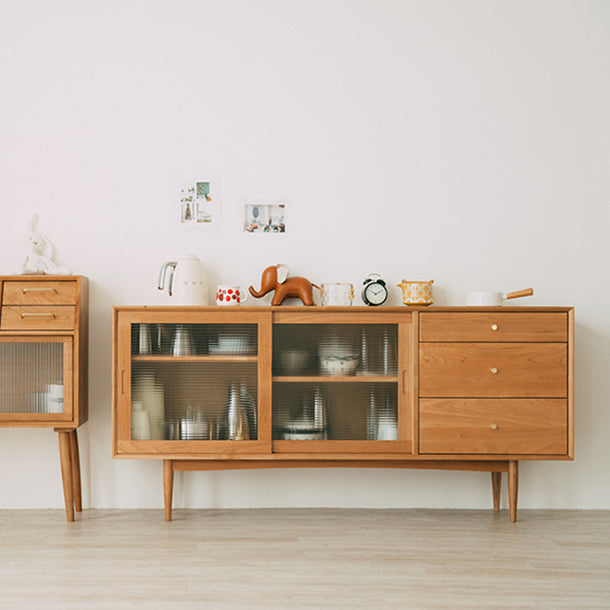 3-Drawer Pine Wood Credenza Modern Glass Sliding Door Cabinets Sideboard for Living Room