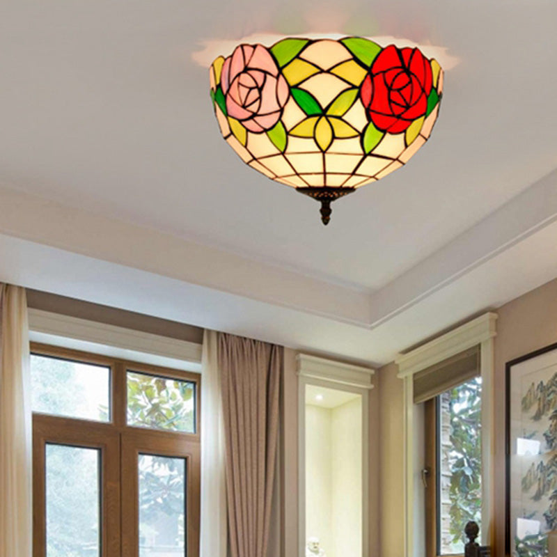 Tiffany-Style Bowl Shape Flush Mount Stained Glass Ceiling Light for Aisle