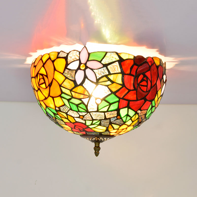 Tiffany-Style Bowl Shape Flush Mount Stained Glass Ceiling Light for Aisle