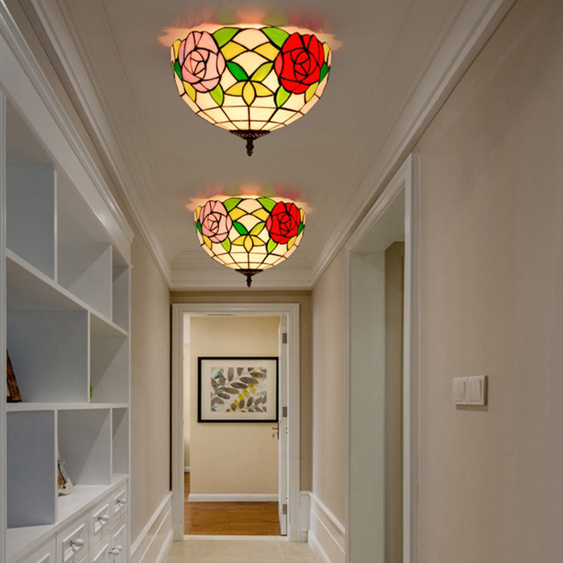 Tiffany-Style Bowl Shape Flush Mount Stained Glass Ceiling Light for Aisle