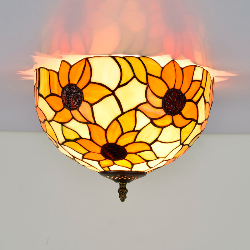 Tiffany-Style Bowl Shape Flush Mount Stained Glass Ceiling Light for Aisle