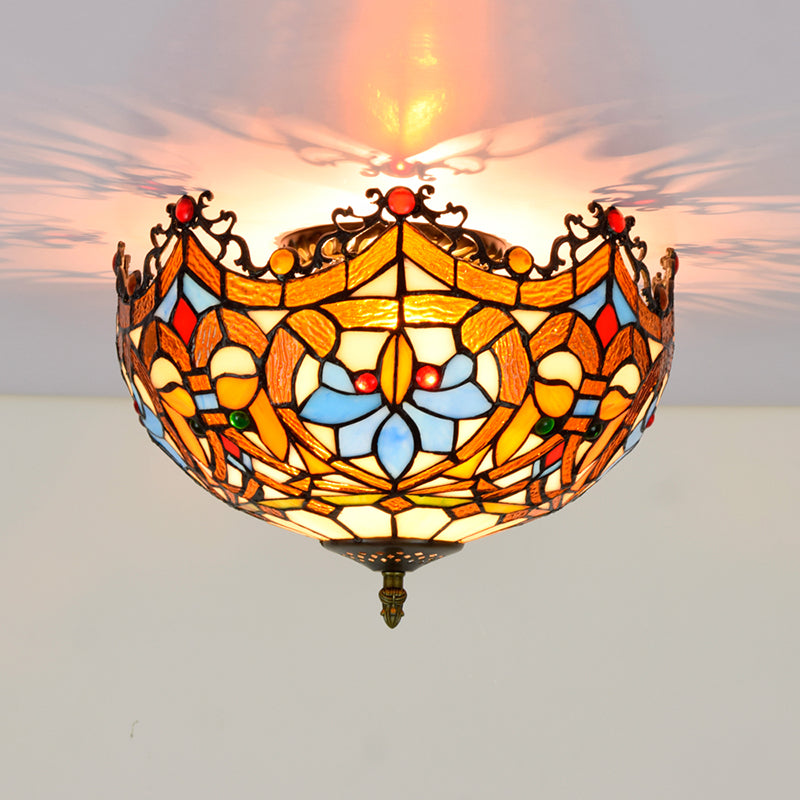 Tiffany-Style Bowl Shape Flush Mount Stained Glass Ceiling Light for Aisle