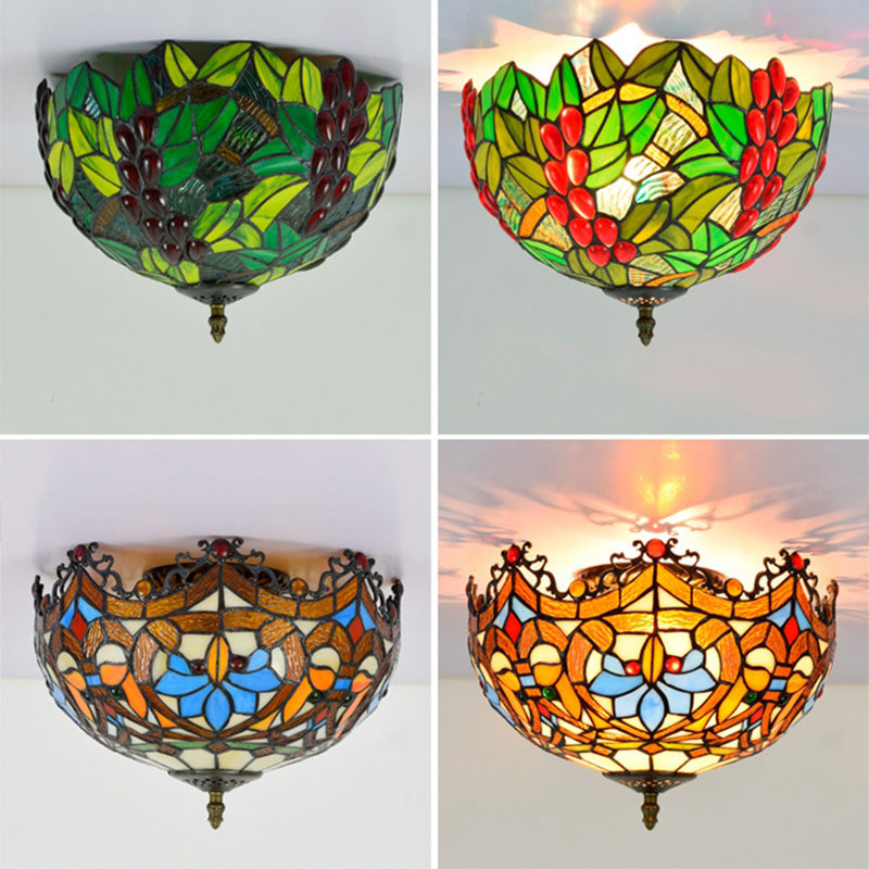 Tiffany-Style Bowl Shape Flush Mount Stained Glass Ceiling Light for Aisle