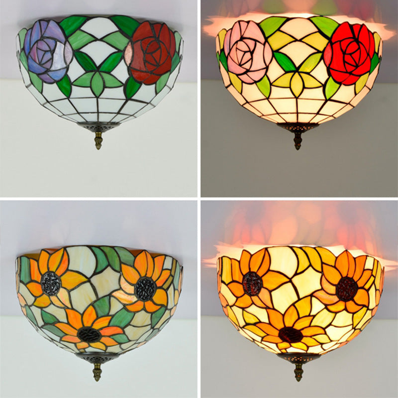 Tiffany-Style Bowl Shape Flush Mount Stained Glass Ceiling Light for Aisle