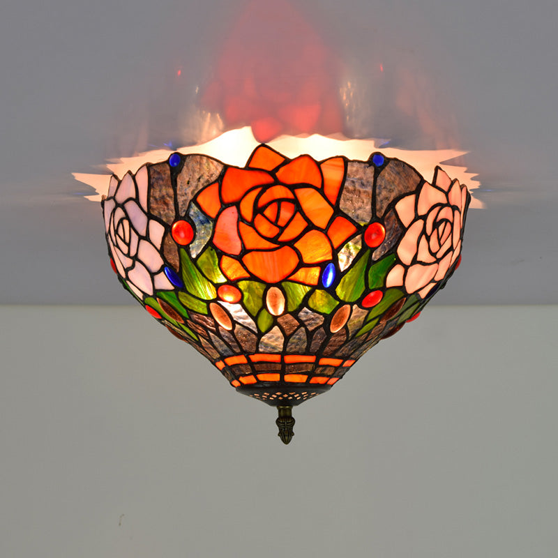 Tiffany-Style Bowl Shape Flush Mount Stained Glass Ceiling Light for Aisle