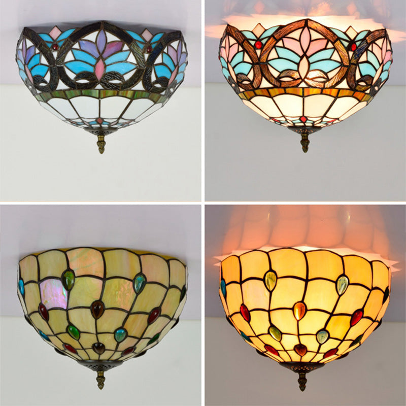 Tiffany-Style Bowl Shape Flush Mount Stained Glass Ceiling Light for Aisle