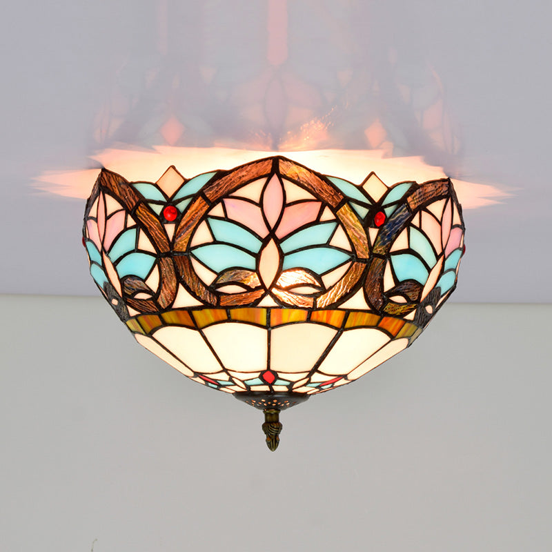 Tiffany-Style Bowl Shape Flush Mount Stained Glass Ceiling Light for Aisle