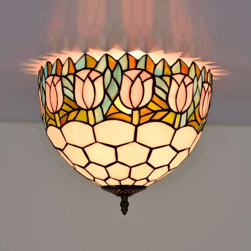 Tiffany-Style Bowl Shape Flush Mount Stained Glass Ceiling Light for Aisle