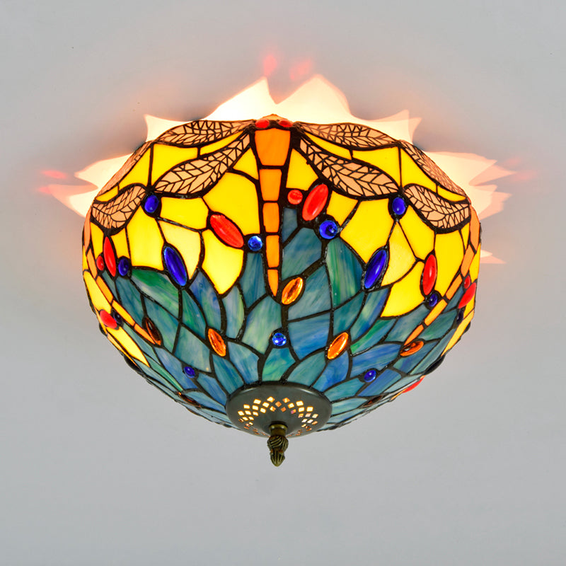 Tiffany-Style Bowl Shape Flush Mount Stained Glass Ceiling Light for Aisle