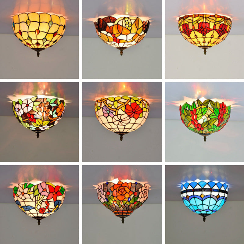 Tiffany-Style Bowl Shape Flush Mount Stained Glass Ceiling Light for Aisle