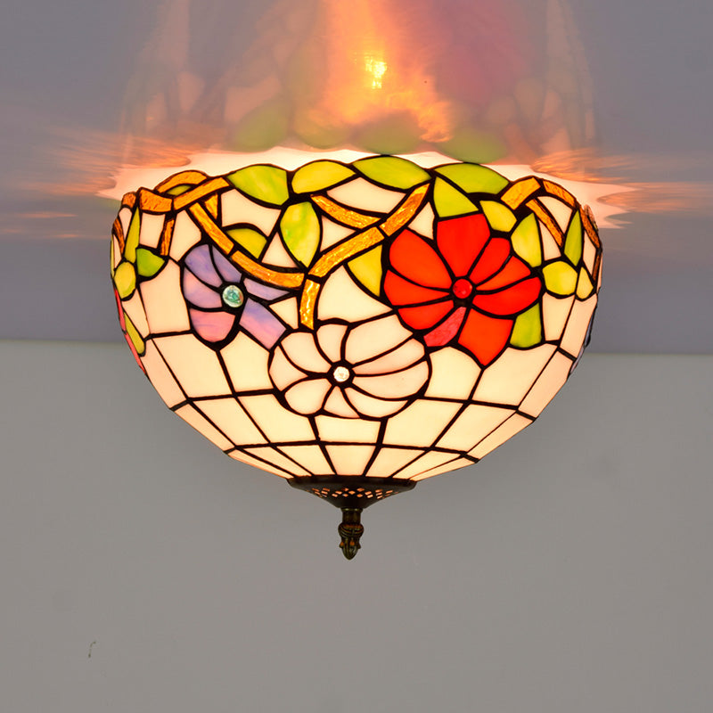 Tiffany-Style Bowl Shape Flush Mount Stained Glass Ceiling Light for Aisle