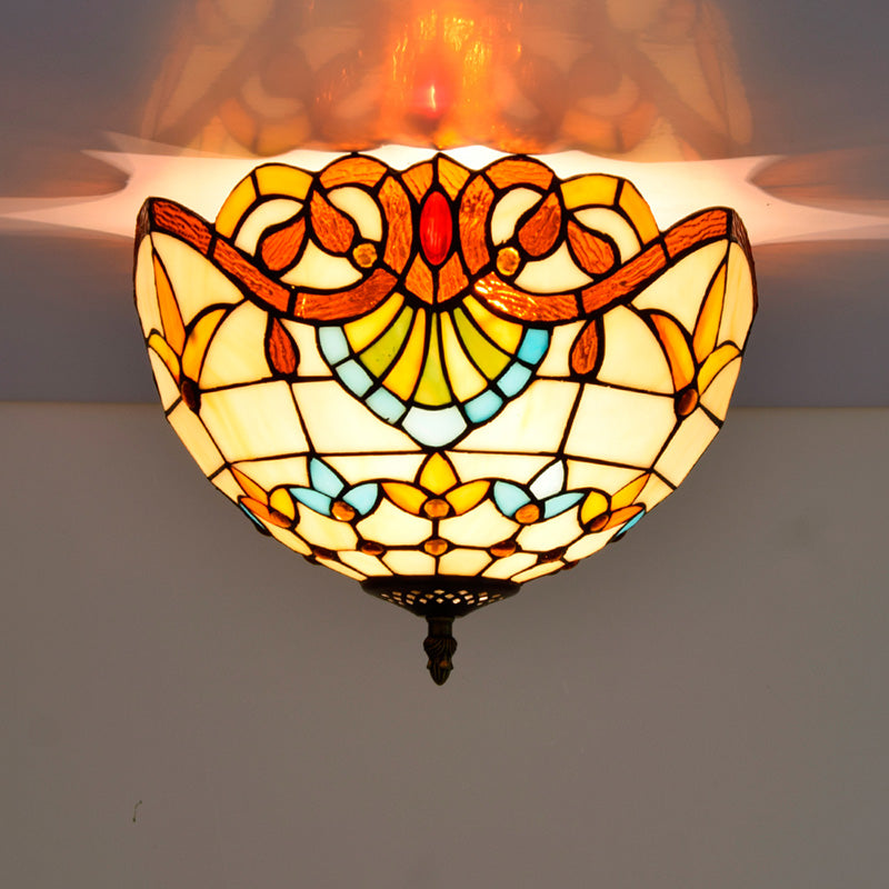 Tiffany-Style Bowl Shape Flush Mount Stained Glass Ceiling Light for Aisle