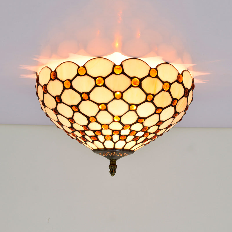 Tiffany-Style Bowl Shape Flush Mount Stained Glass Ceiling Light for Aisle