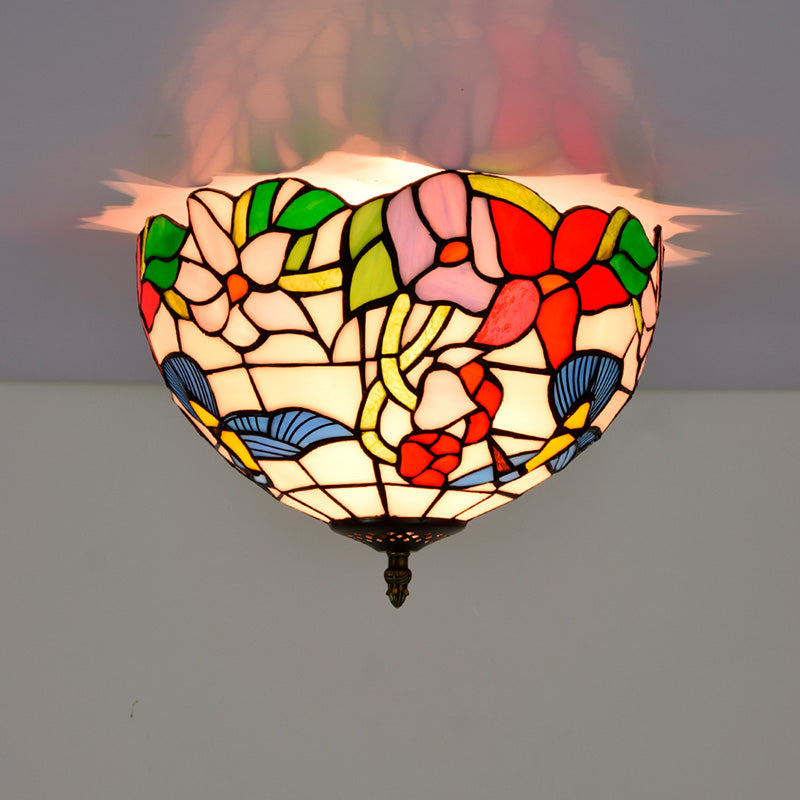 Tiffany-Style Bowl Shape Flush Mount Stained Glass Ceiling Light for Aisle