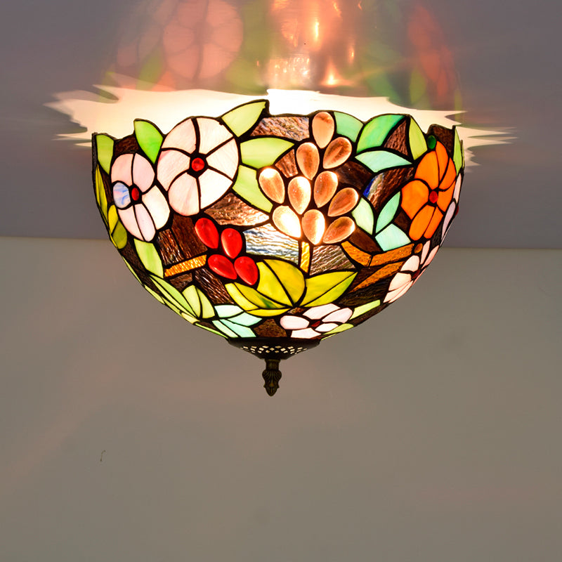 Tiffany-Style Bowl Shape Flush Mount Stained Glass Ceiling Light for Aisle