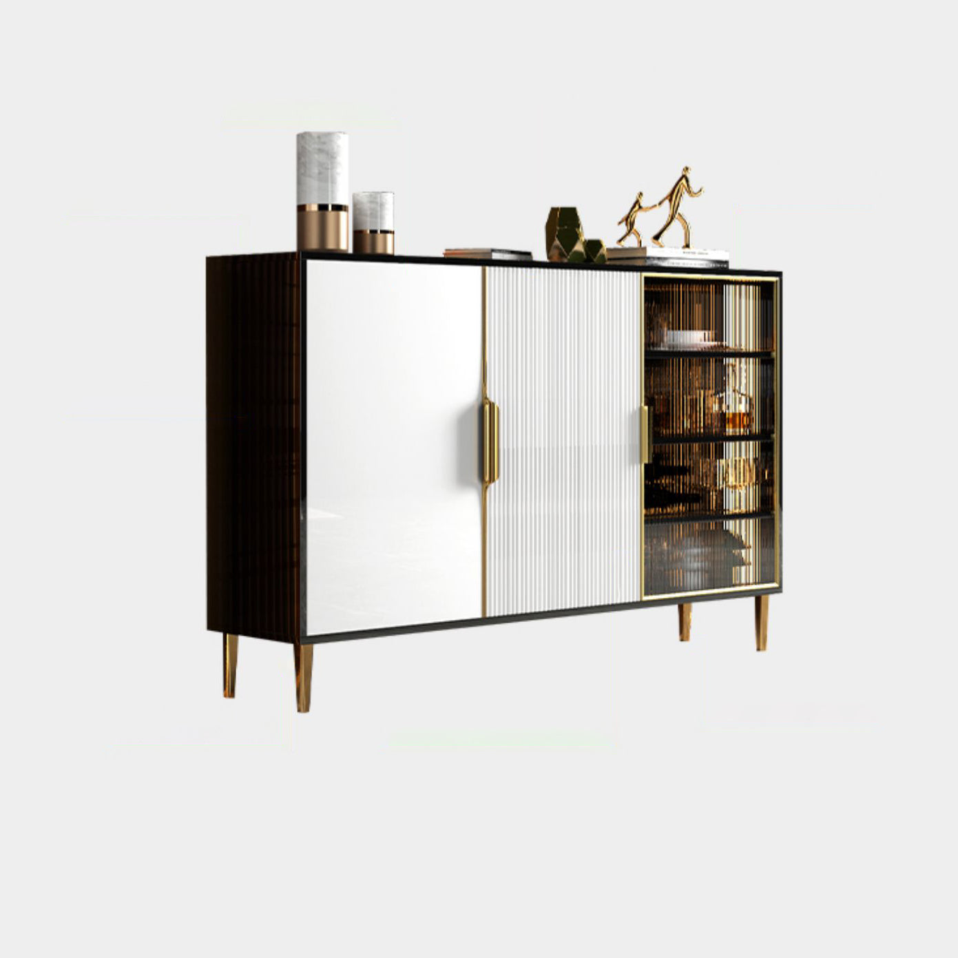 Glass Door Wood Sideboard Glam Server Cabinet with Storage for Kitchen