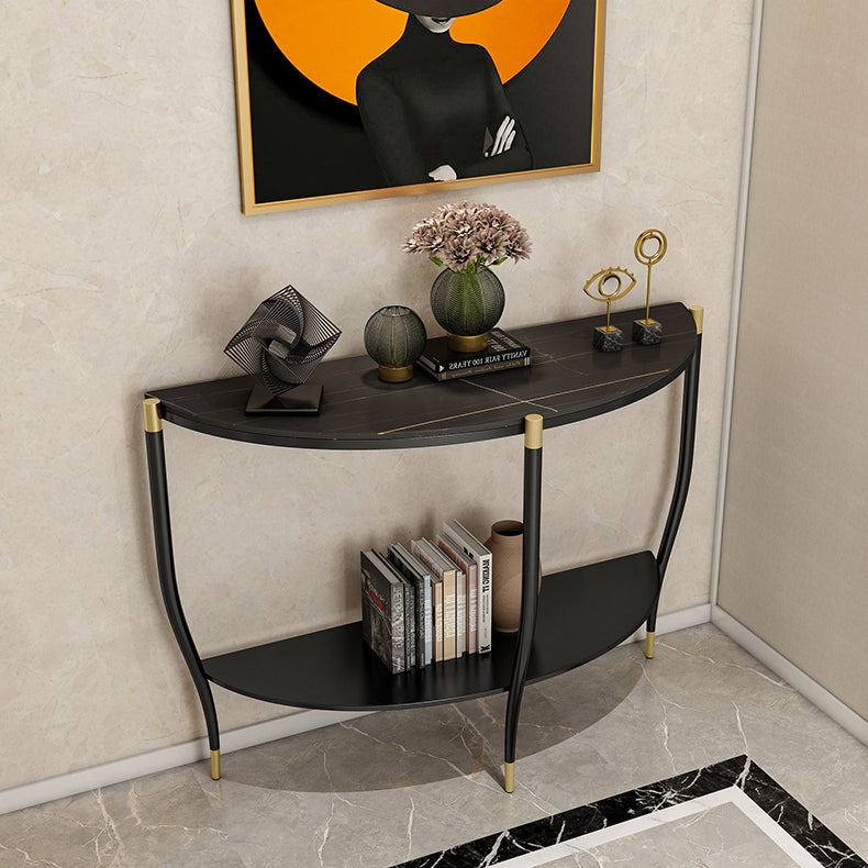 Contemporary Stone Console Accent Table Half Moon End Table with Shelves for Hall