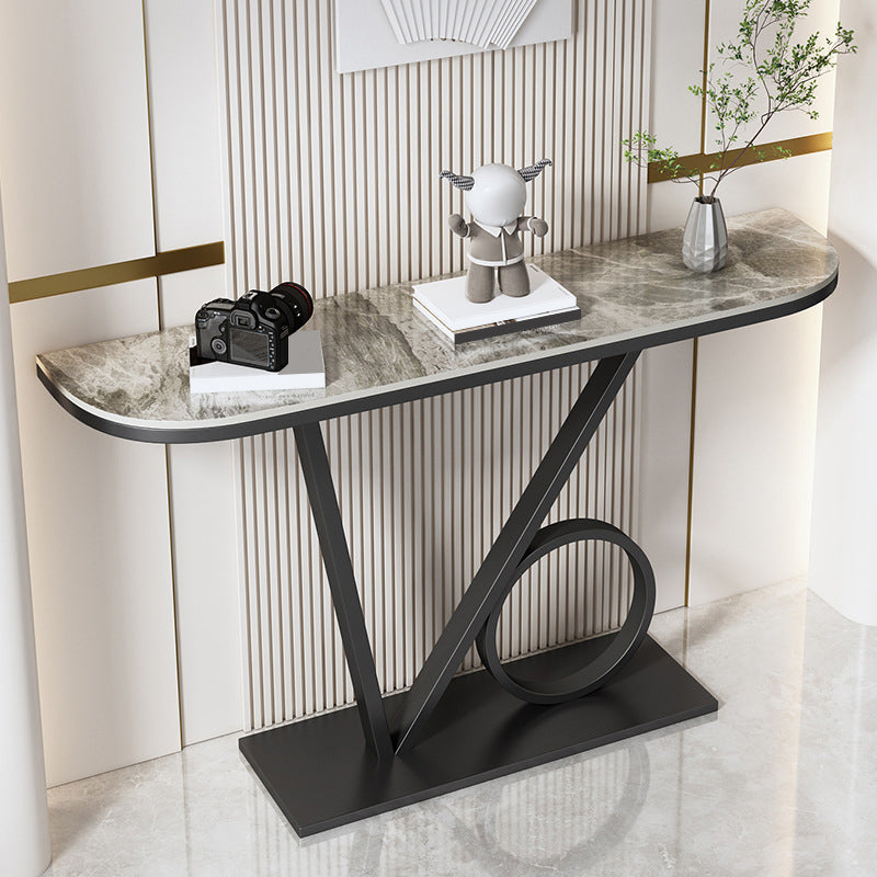 Contemporary Stone Console Accent Table Half Moon Iron End Table for Hall