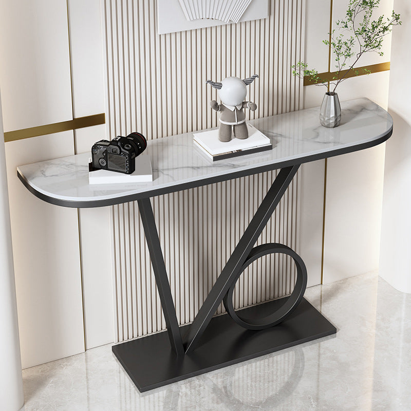 Contemporary Stone Console Accent Table Half Moon Iron End Table for Hall