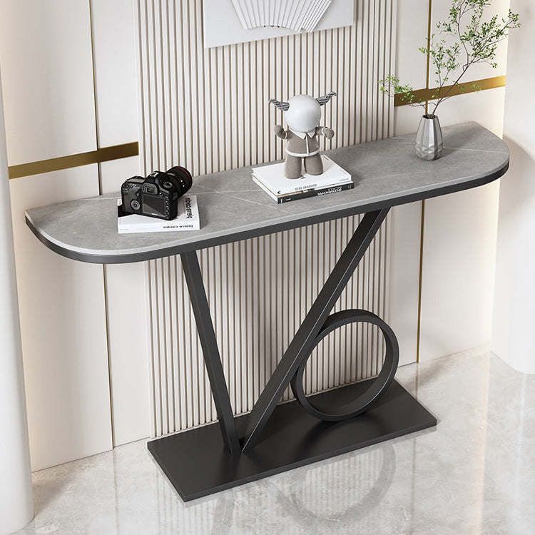 Contemporary Stone Console Accent Table Half Moon Iron End Table for Hall