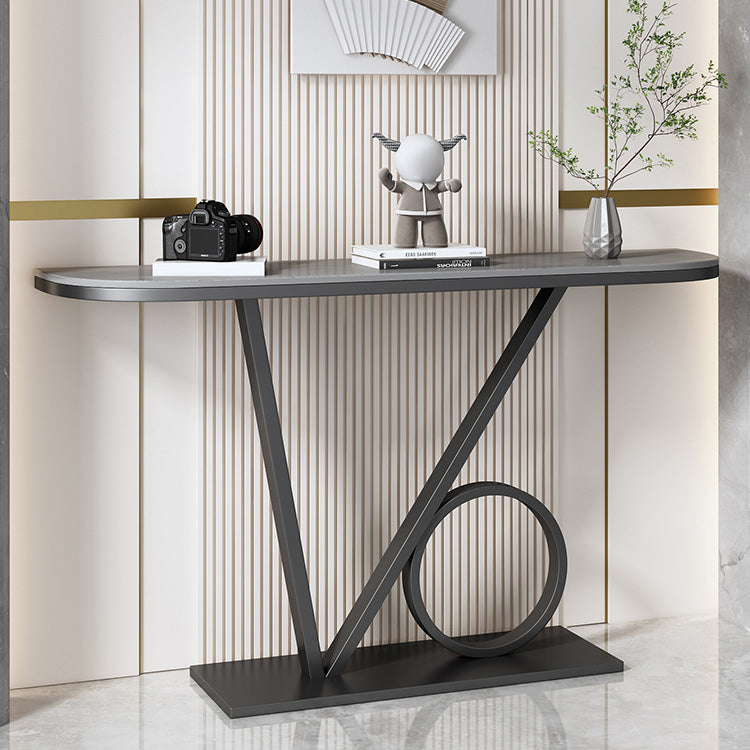 Contemporary Stone Console Accent Table Half Moon Iron End Table for Hall