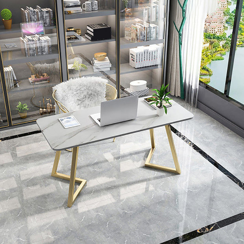 Glam Office Desk Rectangular Marble Writing Desk with Metal Legs