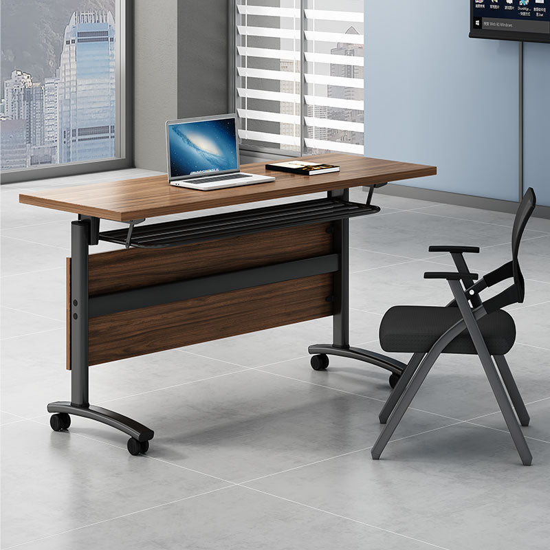 Modern Folding Office Desk Brown Movable Task Desk with Wheels