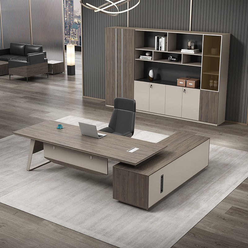 Contemporary Office Desk L-Shape Executive Desk with File Cabinet