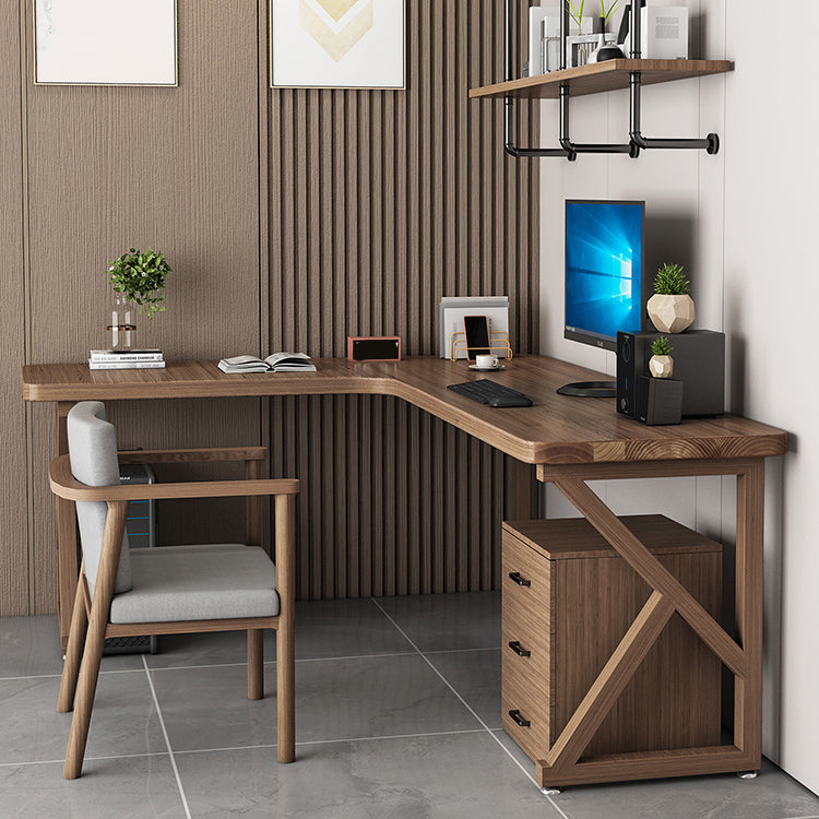 Contemporary Solid Wood Desk L-Shape Brown Writing Desk for Living Oom