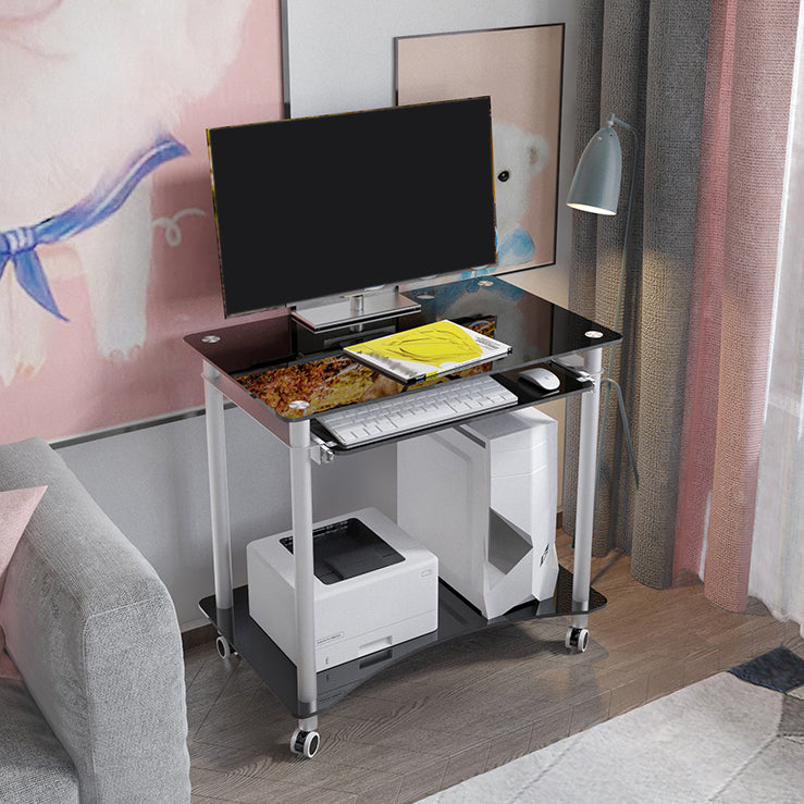 Rectangular Toughened Glass Computer Desk with Caster Wheels and Keyboard Tray