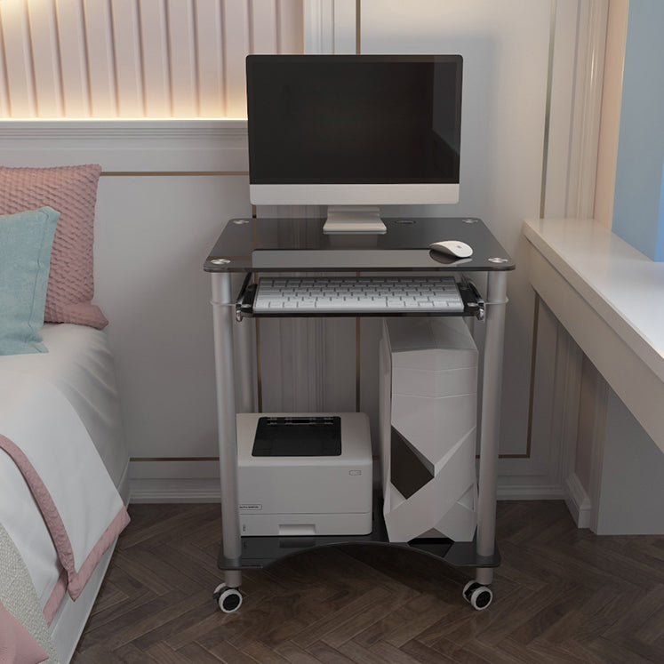 Rectangular Toughened Glass Computer Desk with Caster Wheels and Keyboard Tray