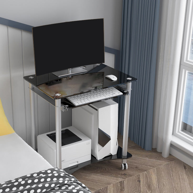 Rectangular Toughened Glass Computer Desk with Caster Wheels and Keyboard Tray