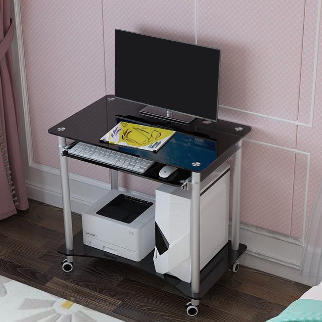 Rectangular Toughened Glass Computer Desk with Caster Wheels and Keyboard Tray