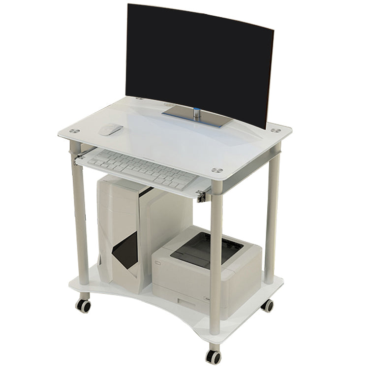 Rectangular Toughened Glass Computer Desk with Caster Wheels and Keyboard Tray