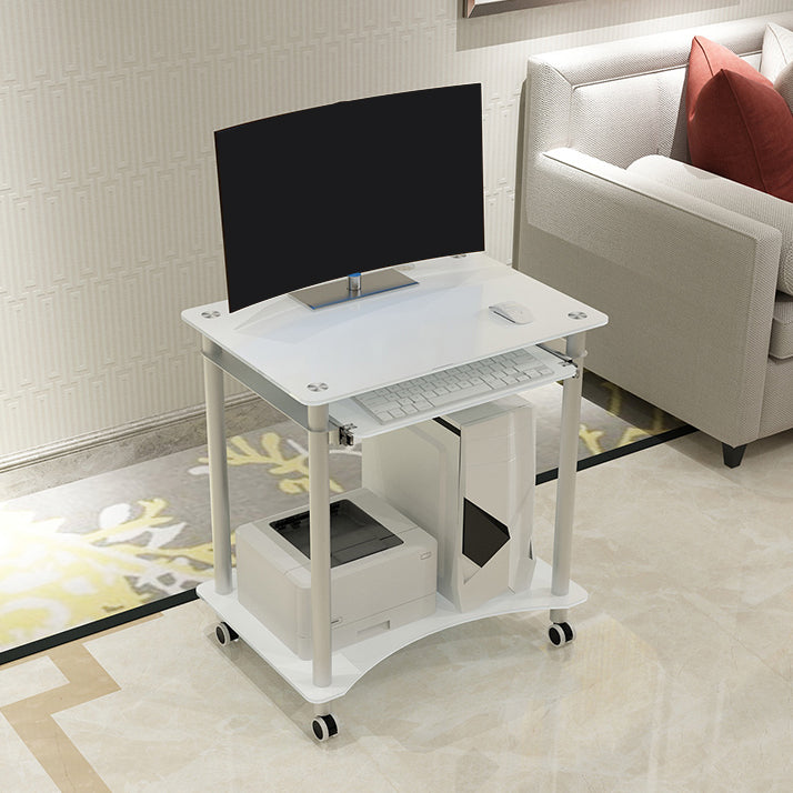 Rectangular Toughened Glass Computer Desk with Caster Wheels and Keyboard Tray