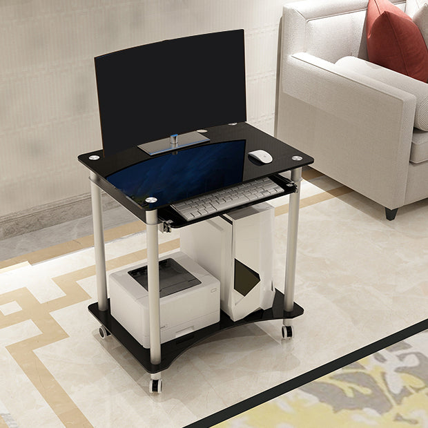 Rectangular Toughened Glass Computer Desk with Caster Wheels and Keyboard Tray