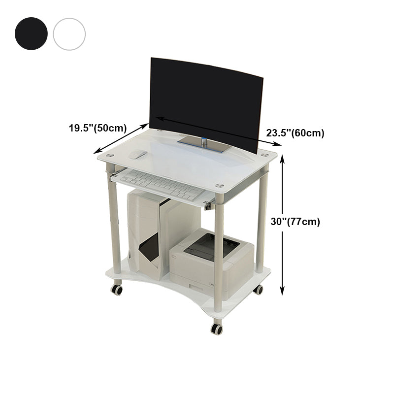 Rectangular Toughened Glass Computer Desk with Caster Wheels and Keyboard Tray