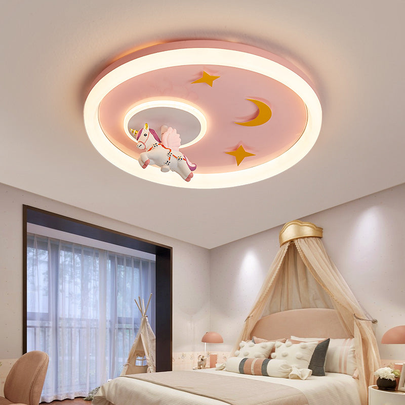 Metal Round Flush Mount Light Lovely Pink Unicorn Ceiling Light for Kid's Room