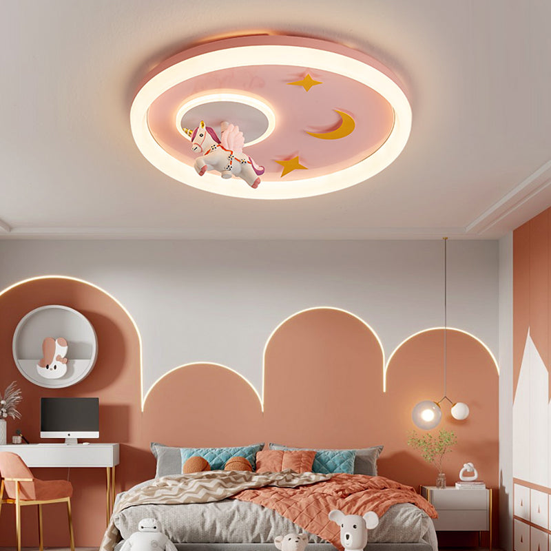 Metal Round Flush Mount Light Lovely Pink Unicorn Ceiling Light for Kid's Room