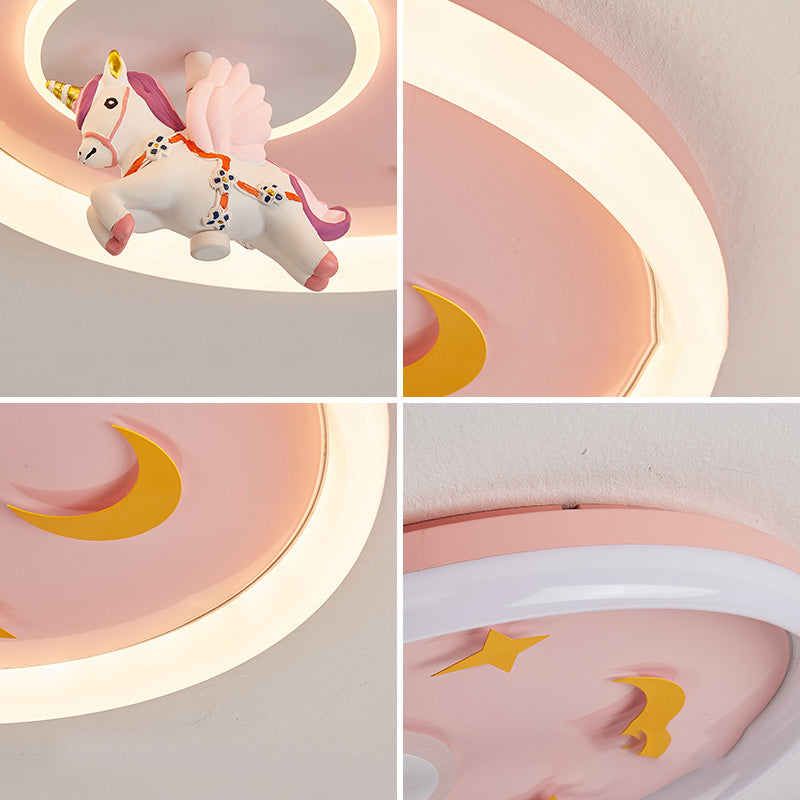 Metal Round Flush Mount Light Lovely Pink Unicorn Ceiling Light for Kid's Room