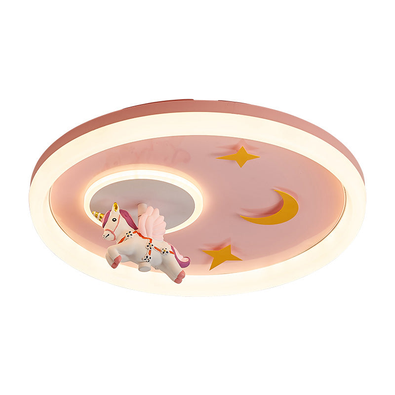 Metal Round Flush Mount Light Lovely Pink Unicorn Ceiling Light for Kid's Room