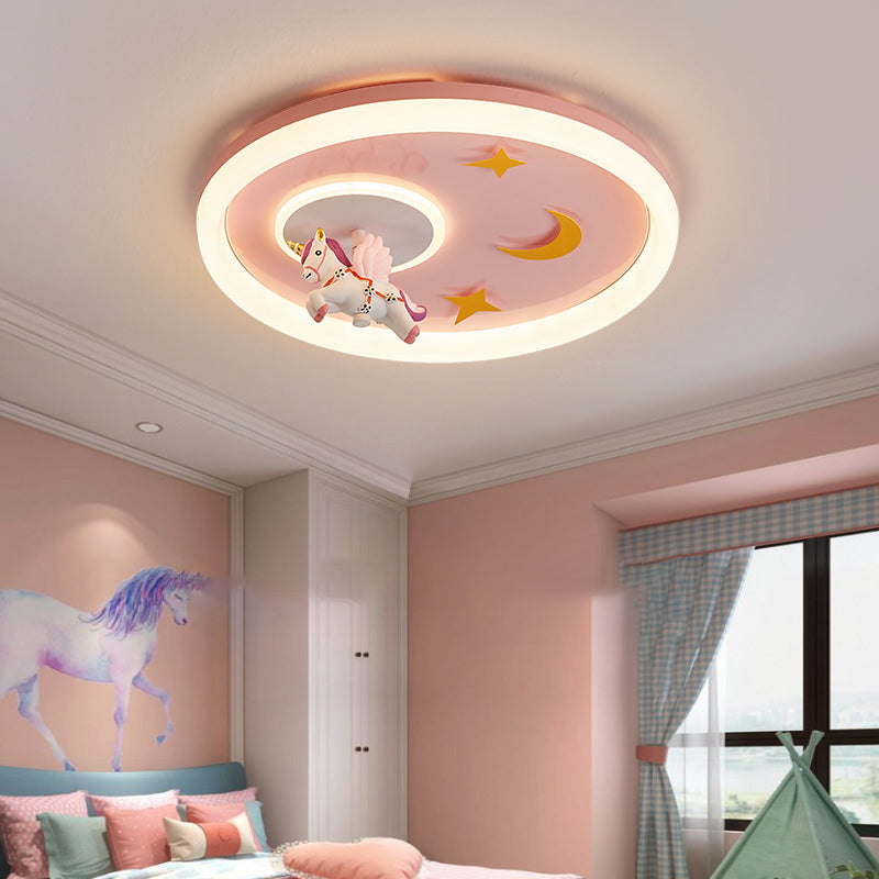 Metal Round Flush Mount Light Lovely Pink Unicorn Ceiling Light for Kid's Room