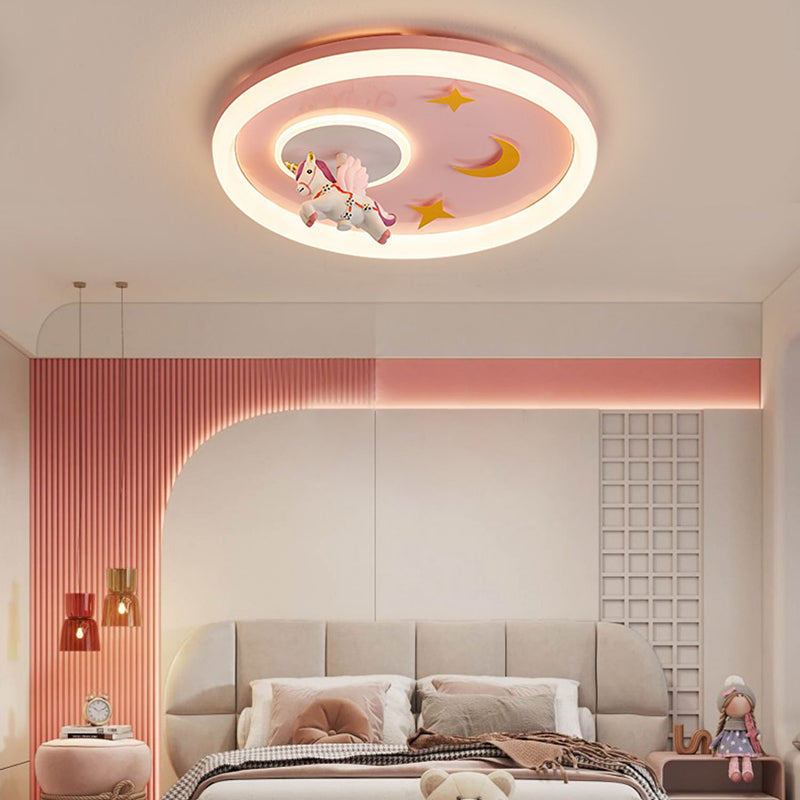 Metal Round Flush Mount Light Lovely Pink Unicorn Ceiling Light for Kid's Room