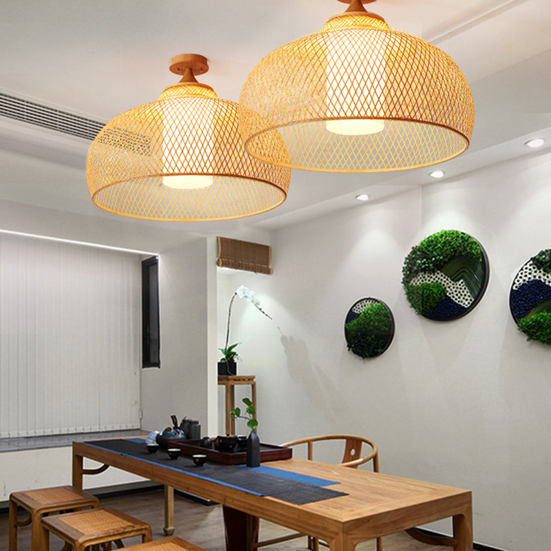 Bowl Shape Bamboo Ceiling Mounted Light Modern Style Ceiling Lamp Fixture