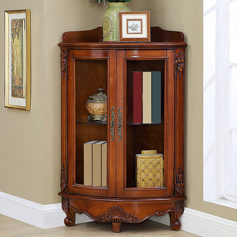 Mid-century Modern Brown Corner Cabinet, Wooden Accent Cabinet with Shelves