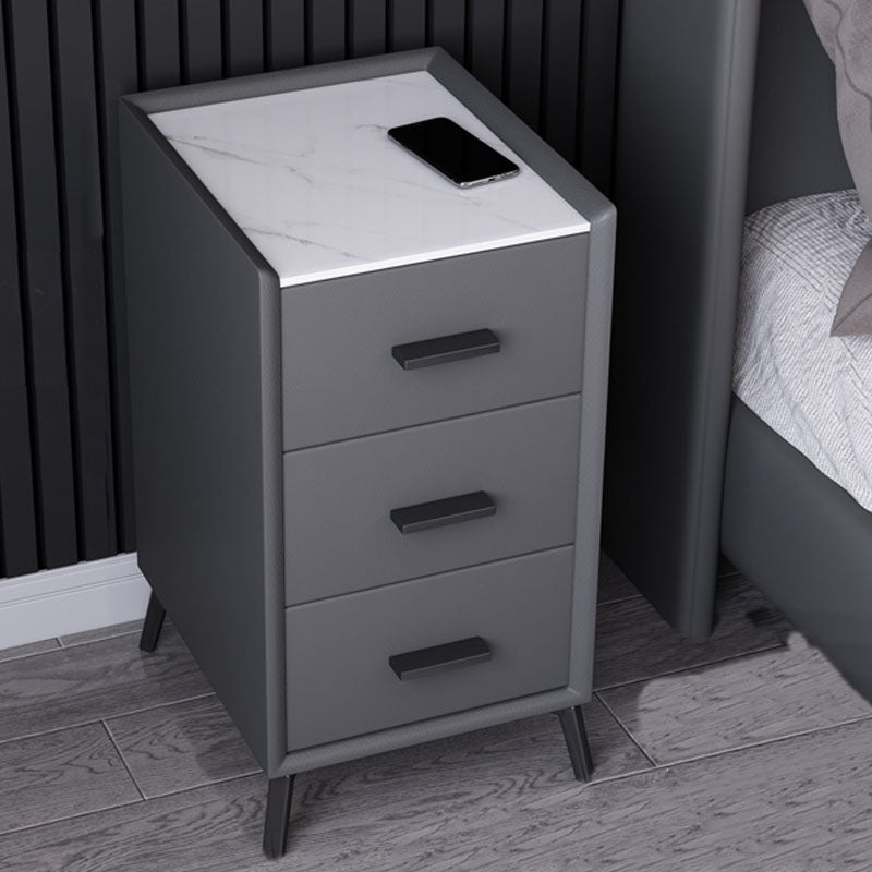 Modern Stone Top Night Table 3 - Drawer Nightstand with Black Legs