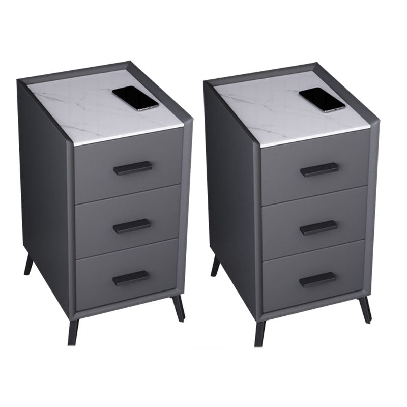 Modern Stone Top Night Table 3 - Drawer Nightstand with Black Legs