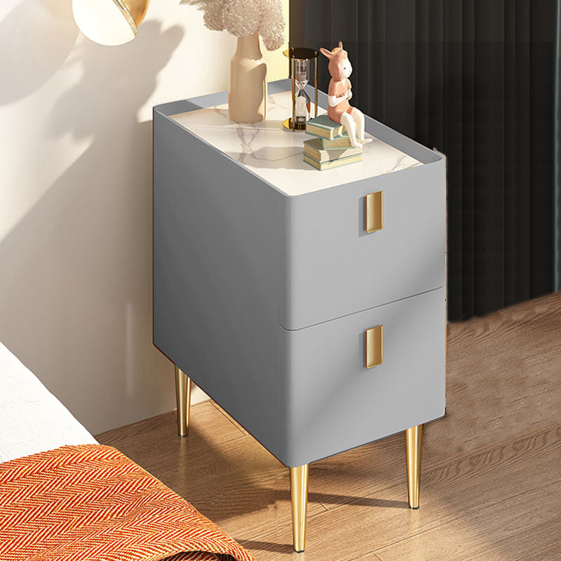 Contemporary Solid Wood Nightstand 2-Drawer Stone Top Night Table