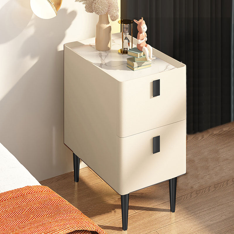 Contemporary Solid Wood Nightstand 2-Drawer Stone Top Night Table